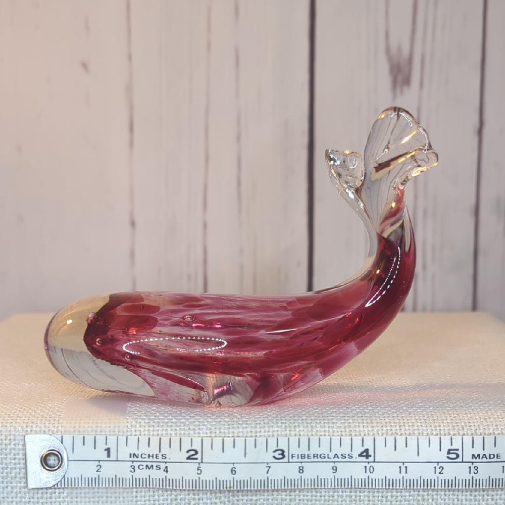 Murano Style Glass Signed Corcoran Whale‎ Clear Cranberry Paperweight Figurine - Picture 3 of 15